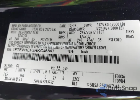 2017 Ford F-150 Xlt z USA, uszkodzony, nr VIN 1FTEW1EF3HKC46807